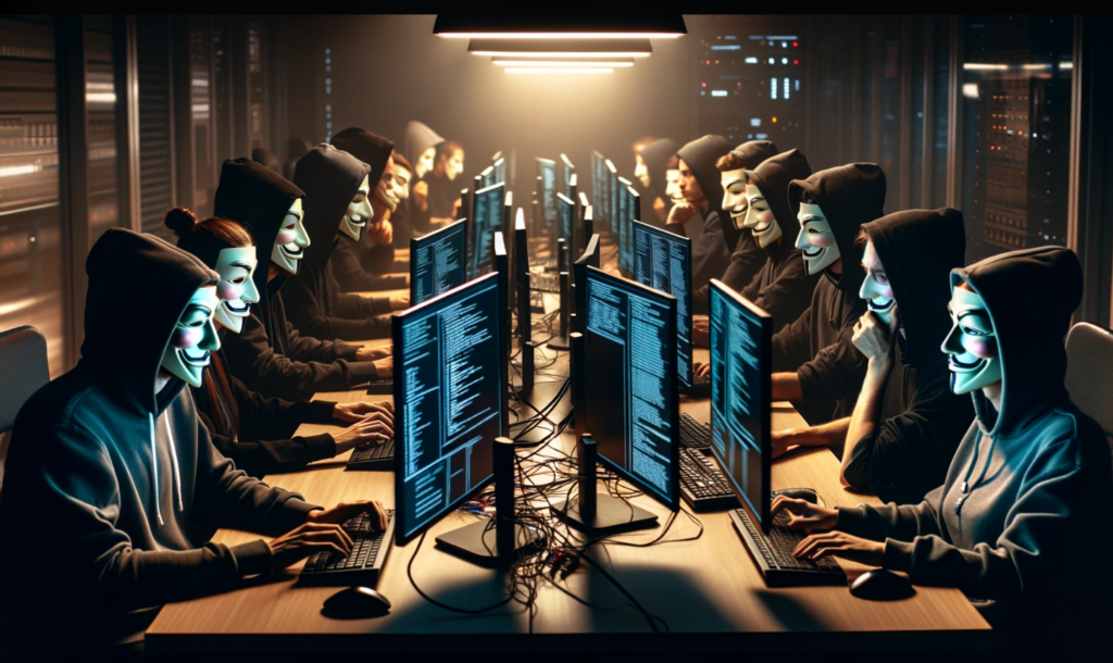 image of a group of people wearing anonymous masks, seated near computers.